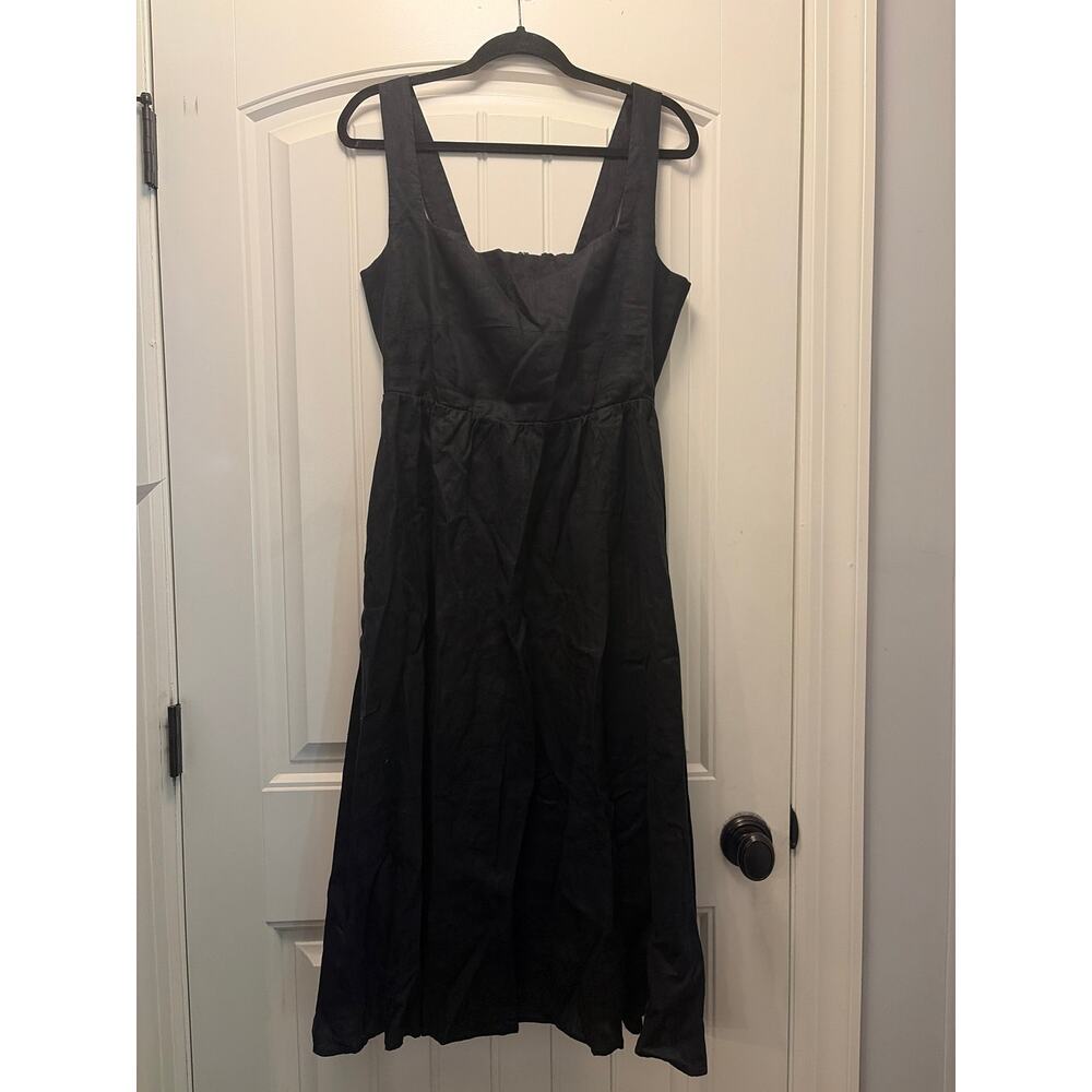 NWT Quince Women Casual 100% European Linen Fit & Flare Midi Dress Size L Black - Picture 2 of 10